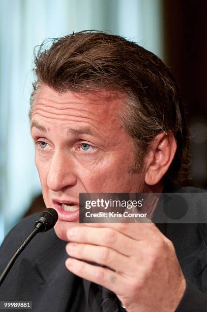 Sean Penn speaks during the Senate Foreign Relations Committee hearing on "After the Earthquake: Empowering Haiti to Rebuild Better" at Senate...