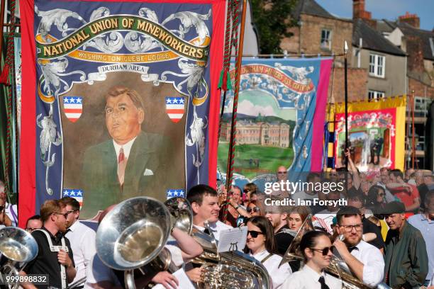 Colliery bands and banners make their way through the city during the 134th Durham Miners’ Gala on July 14, 2018 in Durham, England. Over two decades...