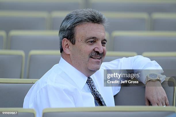 Los Angeles Dodgers' general manager Ned Colletti looks on prior to the start of the game against the Milwaukee Brewers at Dodger Stadium on May 6,...