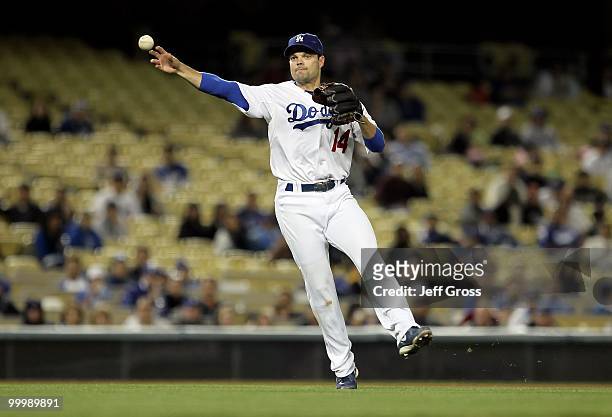 Jamey Carroll of the Los Angeles Dodgers plays against the Milwaukee Brewers at Dodger Stadium on May 6, 2010 in Los Angeles, California.