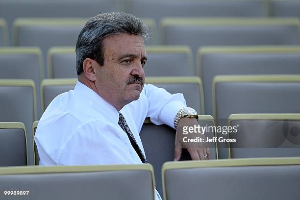 Los Angeles Dodgers' general manager Ned Colletti looks on prior to the start of the game against the Milwaukee Brewers at Dodger Stadium on May 6,...