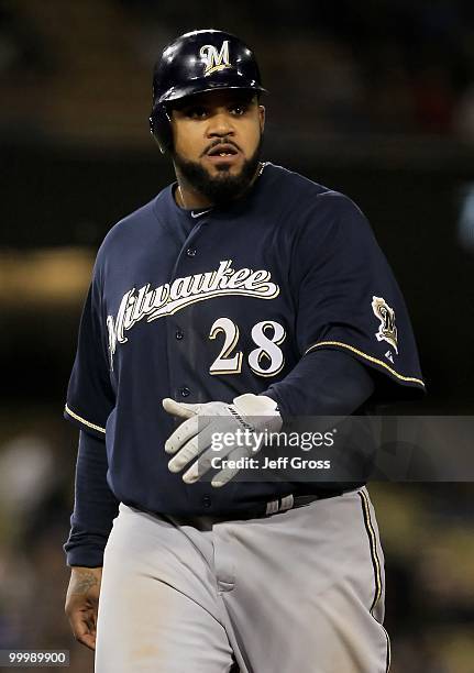 Prince Fielder of the Milwaukee Brewers plays against the Los Angeles Dodgers at Dodger Stadium on May 6, 2010 in Los Angeles, California.