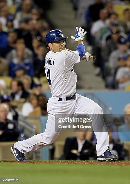 Jamey Carroll of the Los Angeles Dodgers bats against the Milwaukee Brewers at Dodger Stadium on May 6, 2010 in Los Angeles, California.