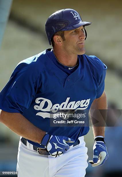 Casey Blake of the Los Angeles Dodgers looks on prior to the start of the game against the Milwaukee Brewers at Dodger Stadium on May 6, 2010 in Los...