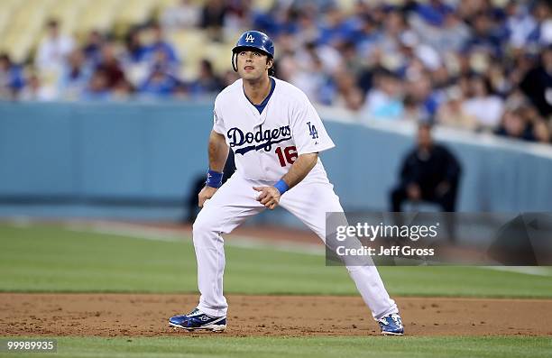 Andre Ethier of the Los Angeles Dodgers leads off of first base against the Milwaukee Brewers at Dodger Stadium on May 6, 2010 in Los Angeles,...