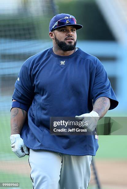 Prince Fielder of the Milwaukee Brewers looks on prior to the start of the game against the Los Angeles Dodgers at Dodger Stadium on May 6, 2010 in...