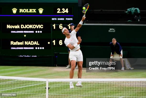 Rafael Nadal of Spain in action against Novak Djokovic of Serbia in the semi final of the gentlemen's singles at the All England Lawn Tennis and...