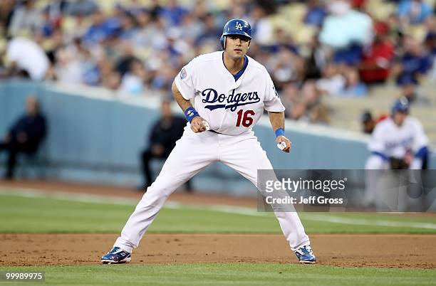 Andre Ethier of the Los Angeles Dodgers leads off of first base against the Milwaukee Brewers at Dodger Stadium on May 6, 2010 in Los Angeles,...