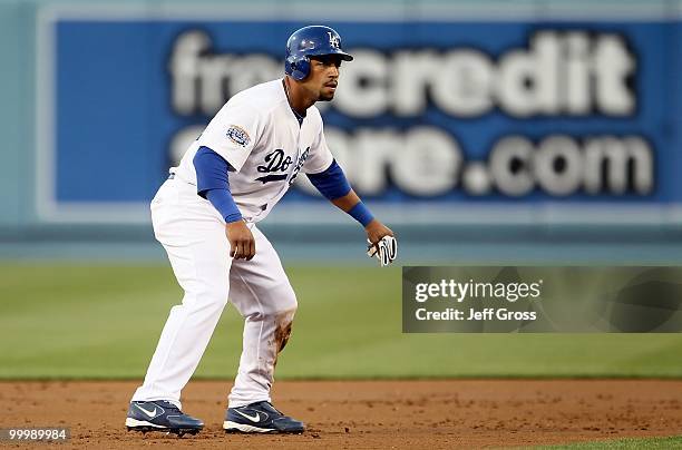 Xavier Paul of the Los Angeles Dodgers leads off of second base against the Milwaukee Brewers at Dodger Stadium on May 6, 2010 in Los Angeles,...