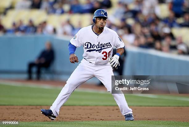 Xavier Paul of the Los Angeles Dodgers leads off of first base against the Milwaukee Brewers at Dodger Stadium on May 6, 2010 in Los Angeles,...