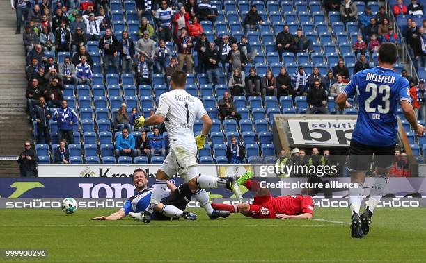 Dusiburg's Moritz Stoppelkamp puts the ball in the back of the net to give his side a 1:0 lead during the German 2nd Bundesliga soccer match between...