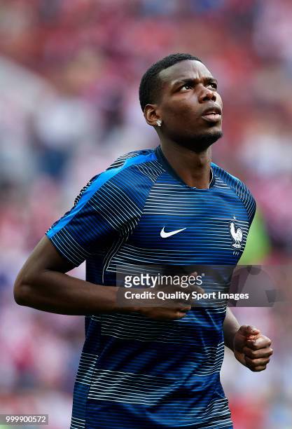Paul Pogba of France warms up ahead of the 2018 FIFA World Cup Russia Final between France and Croatia at Luzhniki Stadium on July 15, 2018 in...