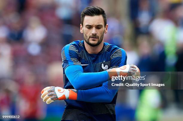 Hugo Lloris of France warms up ahead of the 2018 FIFA World Cup Russia Final between France and Croatia at Luzhniki Stadium on July 15, 2018 in...