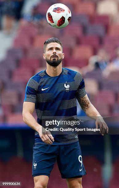 Olivier Giroud of France warms up ahead of the 2018 FIFA World Cup Russia Final between France and Croatia at Luzhniki Stadium on July 15, 2018 in...