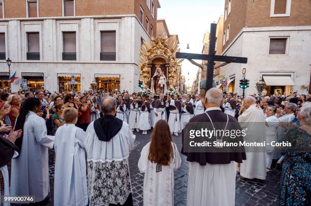 Solemn Celebration and processions in honor of Madonna del Carmine in the Rione Borgo at Via della Conciliazione on July 15, 2018 in Rome, Italy. The...