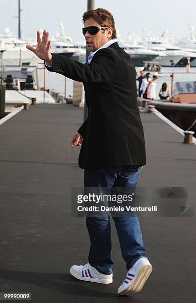 Juror Benicio Del Toro attends the Fair Game Cocktail Party hosted by Giorgio Armani held aboard his boat 'Main' during the 63rd Annual International...