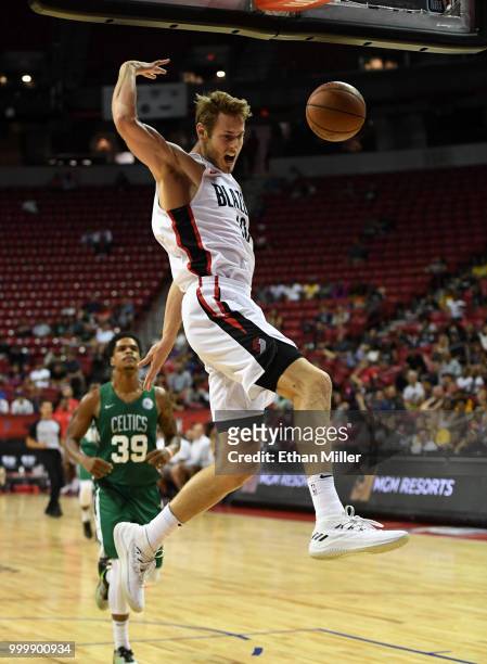 Jake Layman of the Portland Trail Blazers dunks against the Boston Celtics during a quarterfinal game of the 2018 NBA Summer League at the Thomas &...