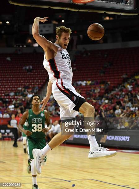 Jake Layman of the Portland Trail Blazers dunks against the Boston Celtics during a quarterfinal game of the 2018 NBA Summer League at the Thomas &...