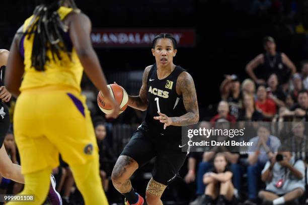 Tamera Young of the Las Vegas Aces handles the ball against the Los Angeles Sparks on July 15, 2018 at the Mandalay Bay Events Center in Las Vegas,...