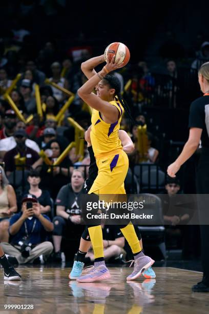 Candace Parker of the Los Angeles Sparks handles the ball against the Las Vegas Aces on July 15, 2018 at the Mandalay Bay Events Center in Las Vegas,...