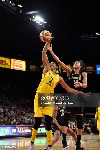 Candace Parker of the Los Angeles Sparks handles the ball against the Las Vegas Aces on July 15, 2018 at the Mandalay Bay Events Center in Las Vegas,...