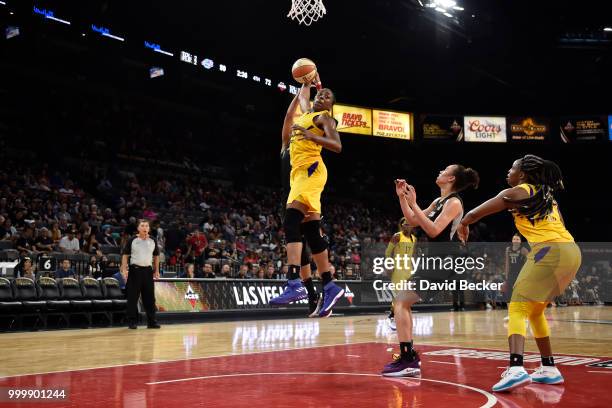 Nneka Ogwumike of the Los Angeles Sparks handles the ball against the Las Vegas Aces on July 15, 2018 at the Mandalay Bay Events Center in Las Vegas,...