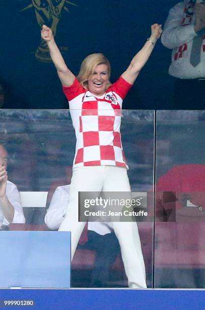 President of Croatia Kolinda Grabar-Kitarovic celebrates the first goal for Croatia during the 2018 FIFA World Cup Russia Final match between France...