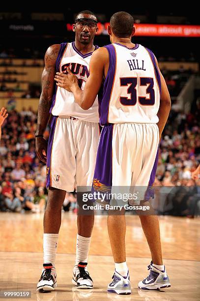 Amar'e Stoudemire and Grant Hill of the Phoenix Suns talk together during the game against the New Orleans Hornets on March 14, 2010 at US Airways...