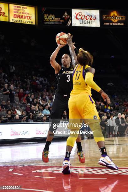 Kelsey Bone of the Las Vegas Aces shoots the ball against the Los Angeles Sparks on July 15, 2018 at the Mandalay Bay Events Center in Las Vegas,...