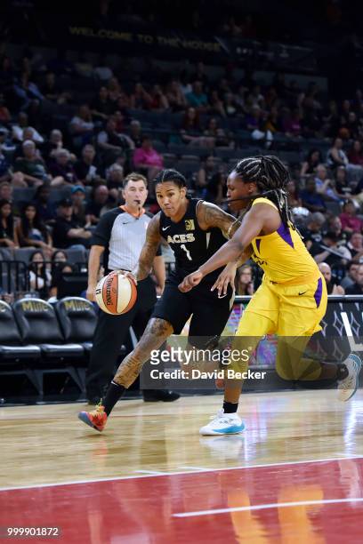 Tamera Young of the Las Vegas Aces handles the ball against the Los Angeles Sparks on July 15, 2018 at the Mandalay Bay Events Center in Las Vegas,...