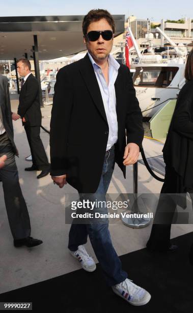 Juror Benicio Del Toro attends the Fair Game Cocktail Party hosted by Giorgio Armani held aboard his boat 'Main' during the 63rd Annual International...