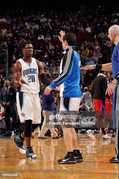 Mickael Pietrus and J.J. Redick of the Orlando Magic celebrate during the game against the Los Angeles Clippers on March 9, 2010 at Amway Arena in...