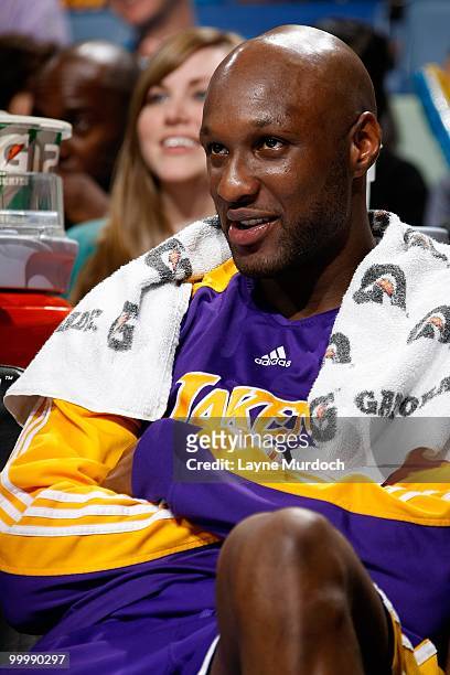 Lamar Odom of the Los Angeles Lakers sits on the bench during the game against the New Orleans Hornets on March 29, 2010 at the New Orleans Arena in...