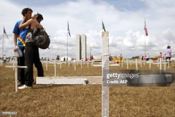 Men kiss in front of the National Congress in Brasilia during the First National March against Homophobia promoted by the Brazilian Association of...