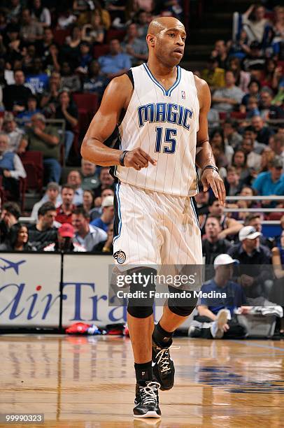 Vince Carter of the Orlando Magic runs down the court during the game against the Los Angeles Clippers on March 9, 2010 at Amway Arena in Orlando,...