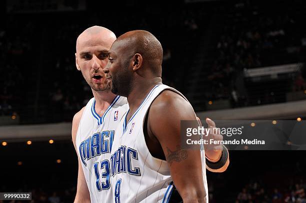 Marcin Gortat and Anthony Johnson of the Orlando Magic talk during the game against the Los Angeles Clippers on March 9, 2010 at Amway Arena in...
