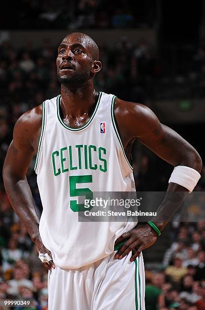 Kevin Garnett of the Boston Celtics stands on the court during the game against the San Antonio Spurs on March 28, 2010 at the TD Garden in Boston,...