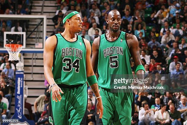 Paul Pierce and Kevin Garnett of the Boston Celtics walk down the court during the game against the Utah Jazz at EnergySolutions Arena on March 22,...