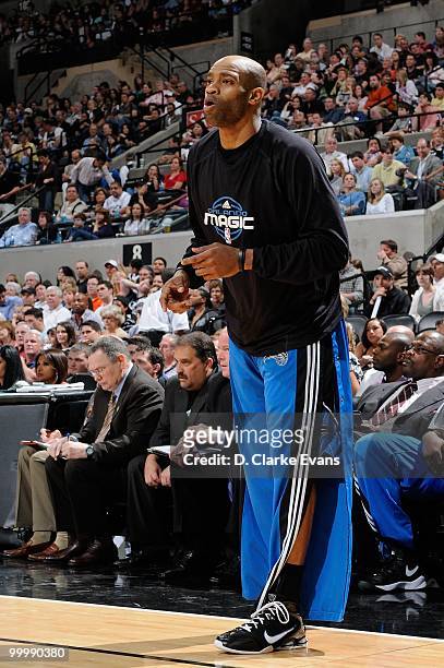 Vince Carter of the Orlando Magic shouts from the sideline during the game against the San Antonio Spurs on April 2, 2010 at the AT&T Center in San...