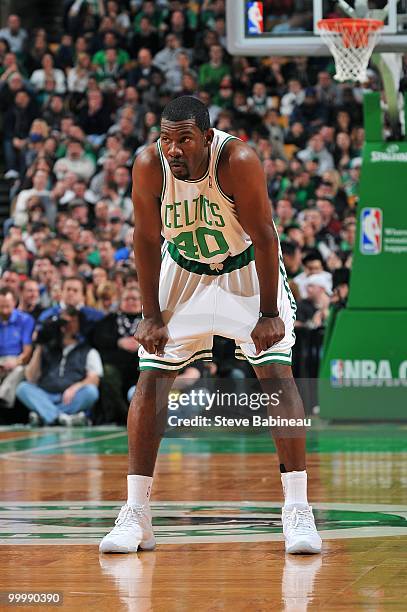 Michael Finley of the Boston Celtics stands on the court during the game against the San Antonio Spurs on March 28, 2010 at the TD Garden in Boston,...