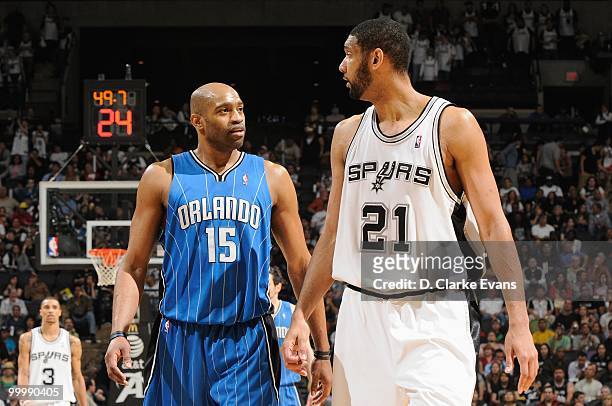 Vince Carter of the Orlando Magic and Tim Duncan of the San Antonio Spurs walk down the court during the game on April 2, 2010 at the AT&T Center in...