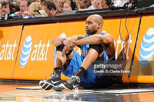 Vince Carter of the Orlando Magic waits to enter the game against the San Antonio Spurs on April 2, 2010 at the AT&T Center in San Antonio, Texas....