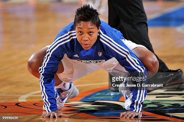 Cappie Pondexter of the New York Liberty warm ups before the WNBA preseason game against the Connecticut Sun on May 11, 2010 at Madison Square Garden...