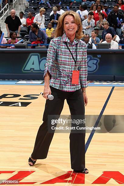 Owner Kathy Betty of the Atlanta Dream addresses the crowd before the WNBA game against the Indiana Fever on May 16, 2010 at Philips Arena in...