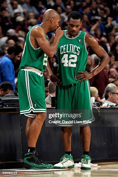 Ray Allen and Tony Allen of the Boston Celtics talk together in Game Five of the Eastern Conference Semifinals against the Cleveland Cavaliers during...