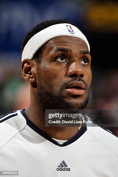 LeBron James of the Cleveland Cavaliers warms up before playing the Boston Celtics in Game Five of the Eastern Conference Semifinals during the 2010...