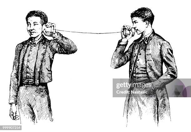 can telephone - people talking with cans on string stock illustrations