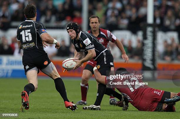 Matt Jess of Exeter is tackled by Alafatu Fatialofa during the Championship playoff final match, 1st leg between Exeter Chiefs and Bristol at Sandy...