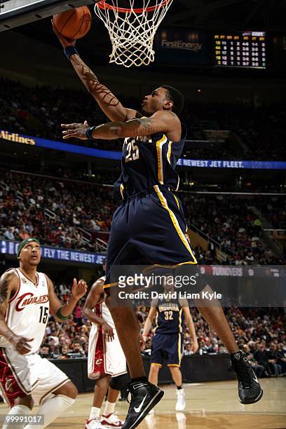 Brandon Rush of the Indiana Pacers puts a shot up against the Cleveland Cavaliers during the game at Quicken Loans Arena on April 9, 2010 in...