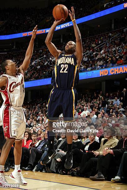 Price of the Indiana Pacers makes a jumpshot against the Cleveland Cavaliers during the game at Quicken Loans Arena on April 9, 2010 in Cleveland,...